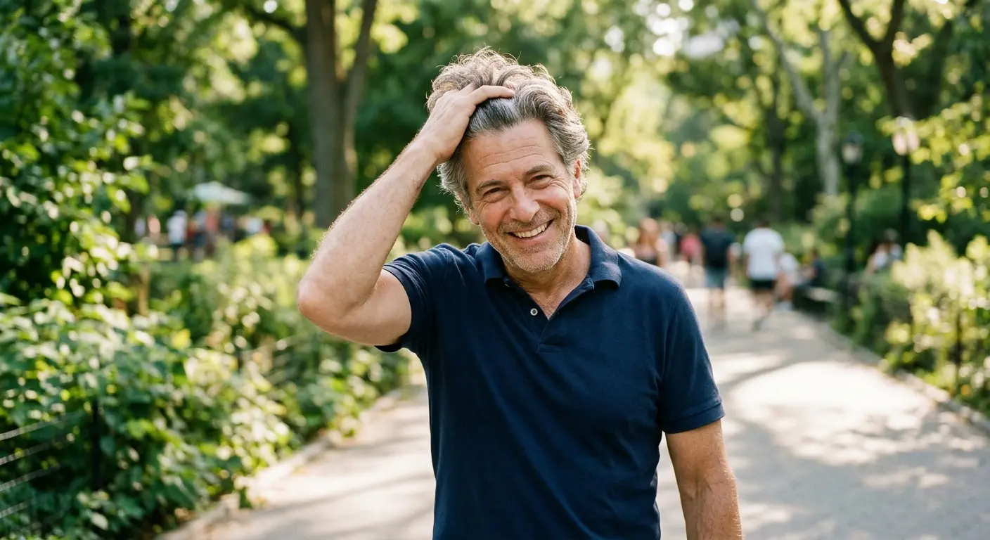 A man in his forties running a hand through his hair outdoors