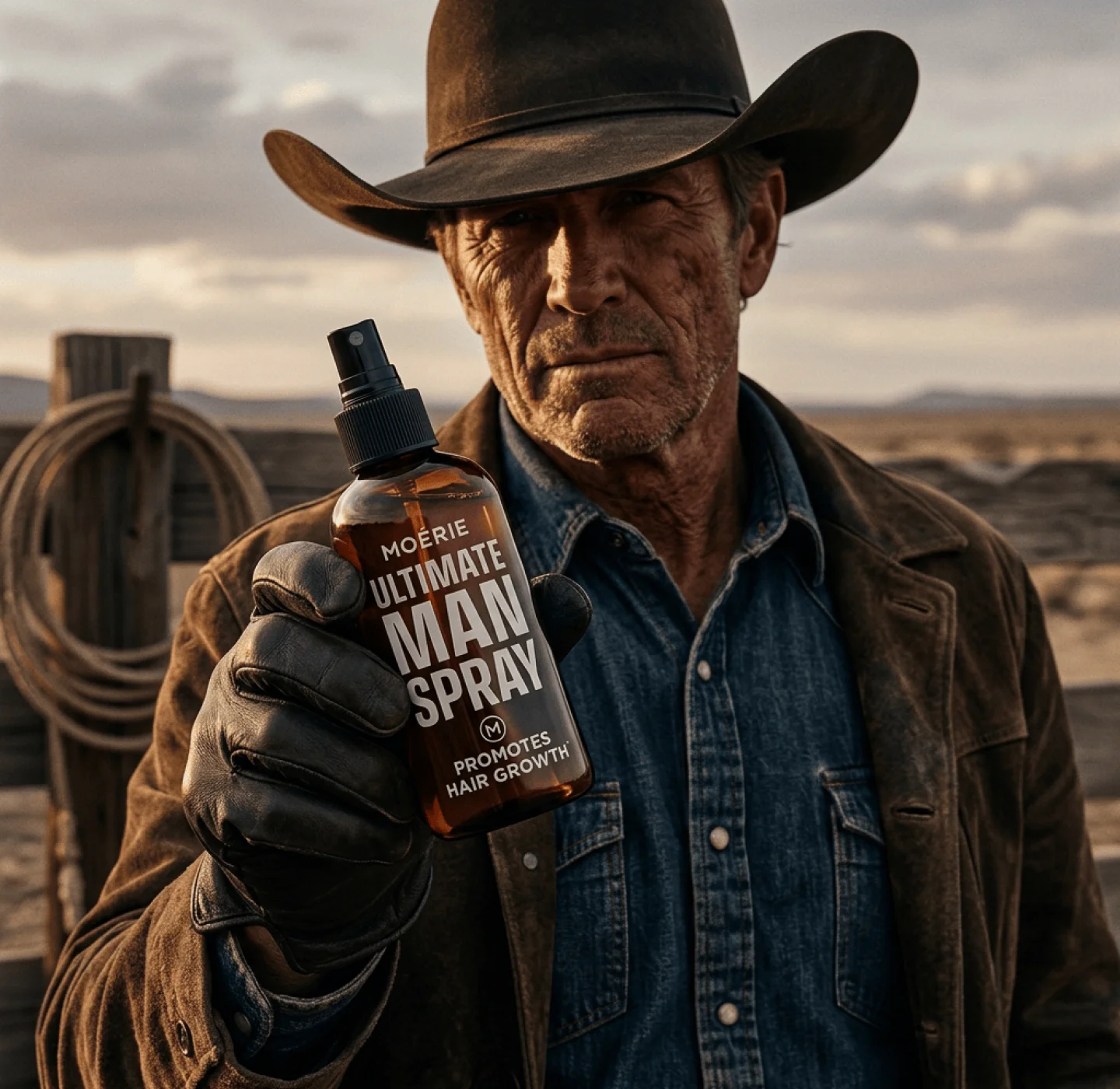 A man holding a bottle of Moerie Ultimate Man Spray