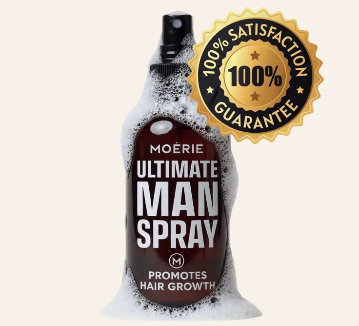 Moerie Ultimate Man Spray shown with a satisfaction guarantee badge